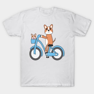 Kawaii corgi dogs riding a blue bicycle T-Shirt